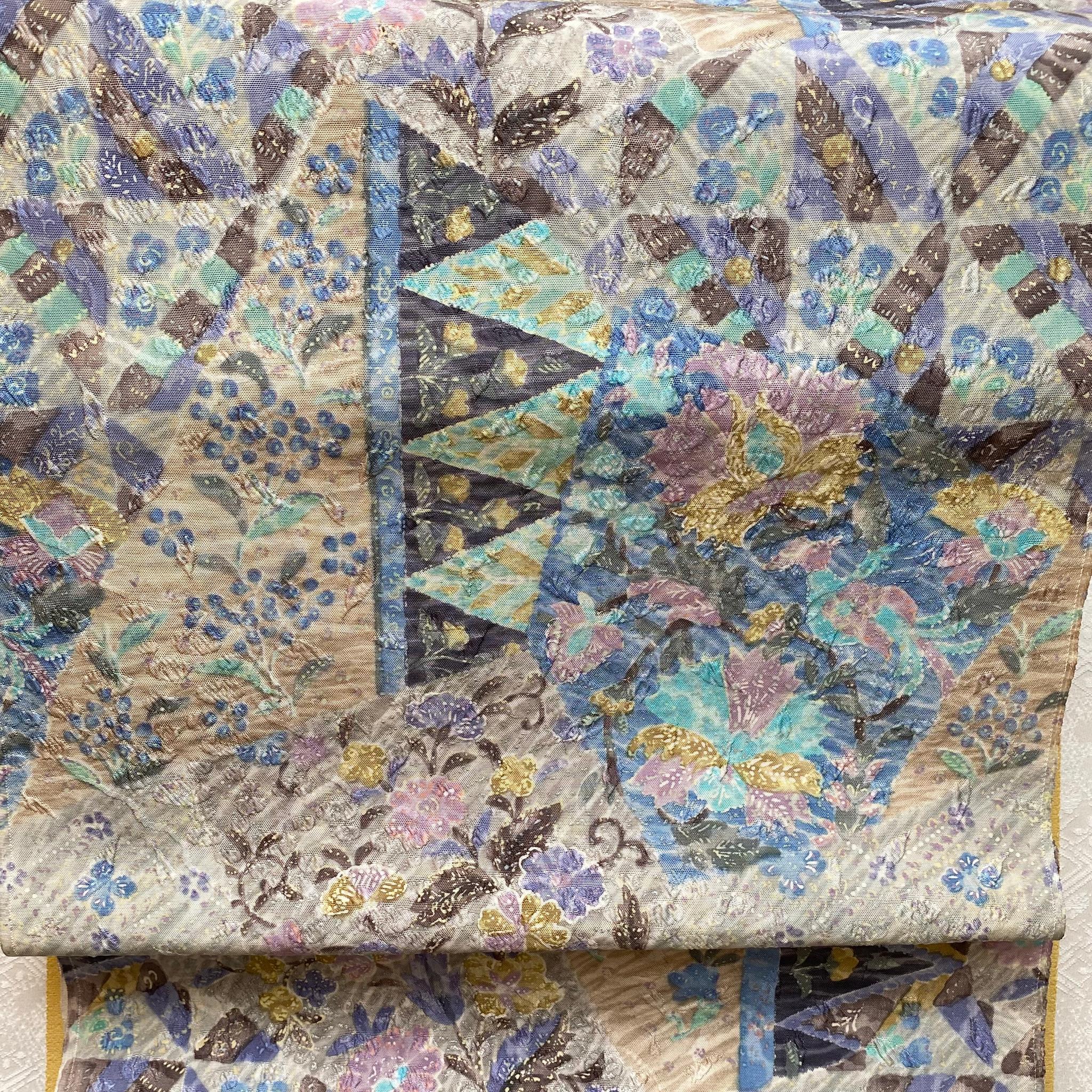 《未仕立て》手染め摺型友禅ふくれ帯 全通京更紗柄【花】 | 3枚目